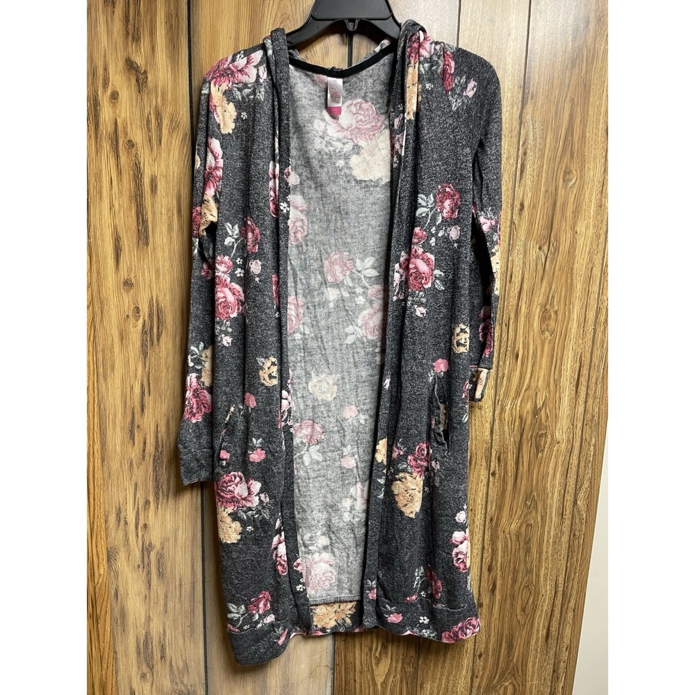 No Boundaries Womens Grey Floral Print Long Sleeve Hooded Cardigan Sweater Sm